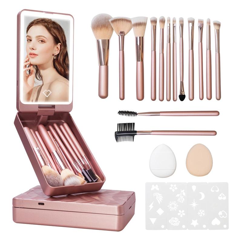 Makeup Brushes 21 Pcs Double-ended Kabuki Brush Travel Makeup Brushes for Foundation Powder Concealers Eye Shadows Makeup Tools Set with LED light Mirror (Pink)