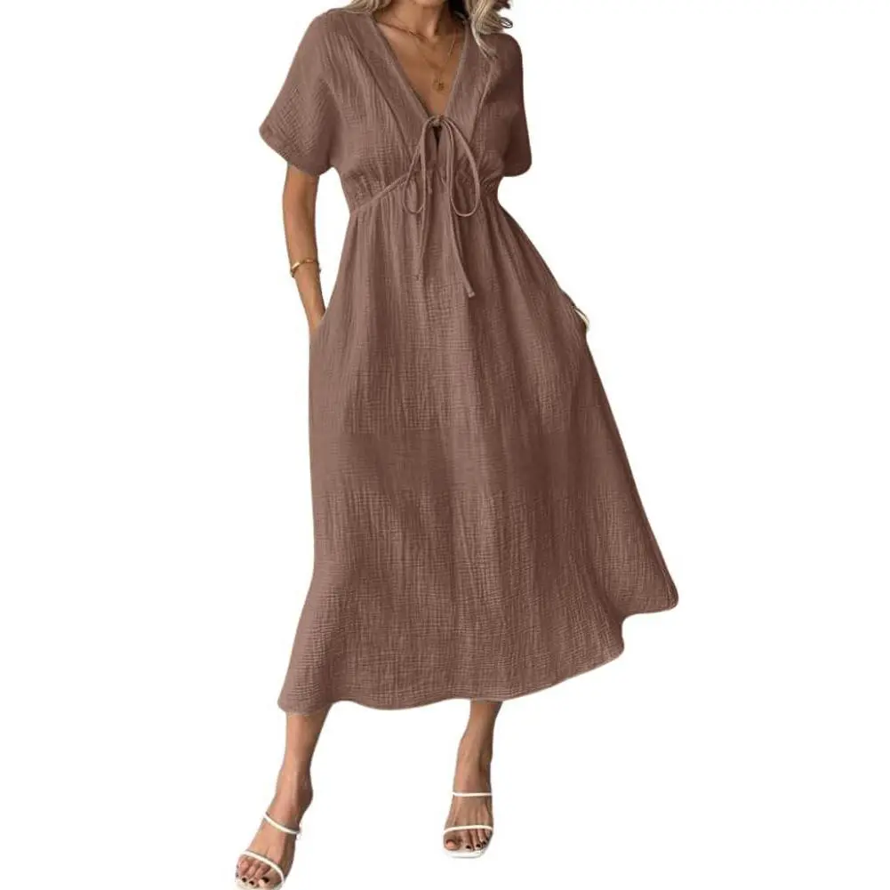 Chouyatou Women's Lightweight Solid Cotton Fabric Dress - V-Neck, Short Sleeve, Adjustable Drawstring, Elegant Bohemian Style, Loose Casual Beach Dress with Pockets, Casual Wear, Shortsleeve, Breathable, Lady, Fashion Apparel, Sun Dress, Beach Outfits