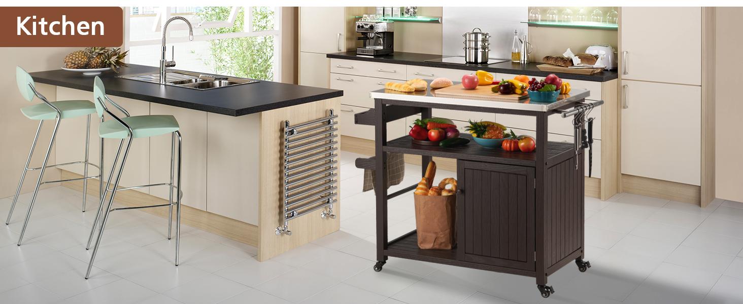 AHB Movable Outdoor Grill Table - Solid Wood Storage Cabinet with Stainless Steel Top, Rolling Kitchen Island & Patio Bar Cart for Backyard, Garden, 2 Doors Design for Easy Storage AHB Movable Outdoor Grill Table - Solid Wood Storage Cabinet with Stainless Steel Top, Rolling Kitchen Island & Patio Bar Cart for Backyard, Garden, 2 Doors Design for Easy Storage
