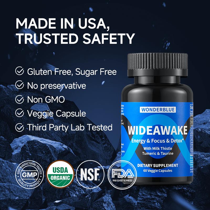 WonderBlue WideAwake Milk Thistle Tumeric & Taurine Capsules for Vitality Energy Detox 60 Veggie Capsules USA Made FDA GMP Supplement