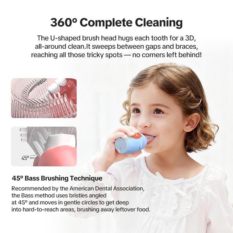 Kids Electric Toothbrush U-Shaped Blue Owl Rechargeable for Toddlers 2-6 Years 3 Modes Smart Timer Silicone BPA-Free