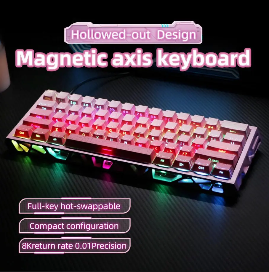 Pink Hollowed-out 60% Magnetic Switch Gaming Keyboard, Full Key Hot Swappable Mechanical Keyboard, 8K Polling Rate 0.01mm Precision RGB Music Rhythm Backlit PBT Sublimation Keyboards for PC Gamers Windows Mac