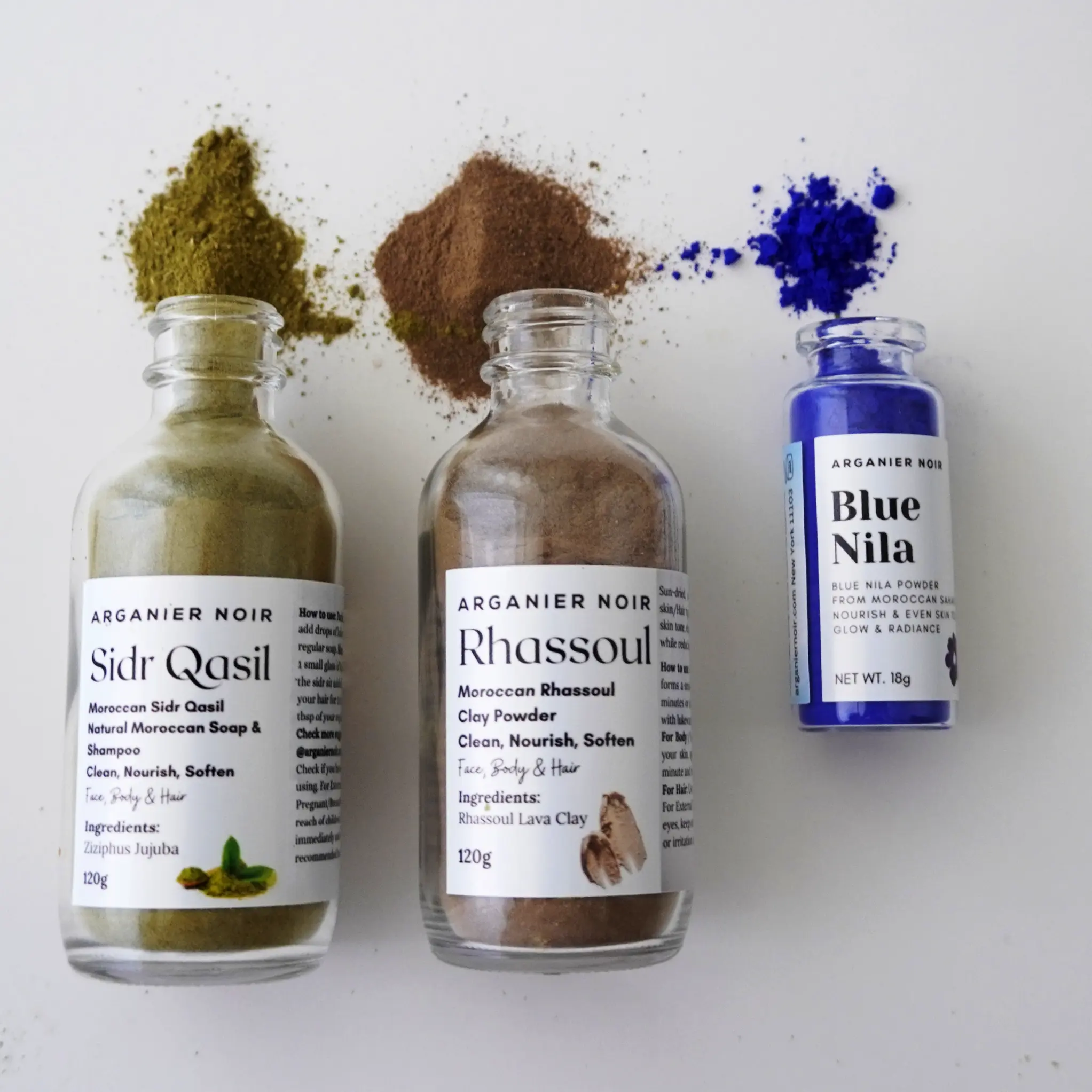 Moroccan Ancient Beauty Rituals Qasil Powder, Blue Nila, Ghassoul Clay