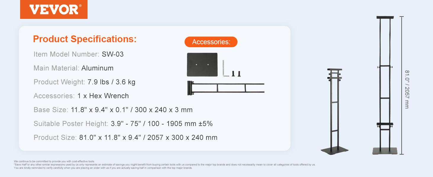 VEVOR Poster Stand, Adjustable Height Up to 75", Double-Sided Heavy Duty Pedestal Sign Holder, Floor Standing Sign Holder Banner Stand with Shock-absorbing Base for Display, for Board and Foam, Black