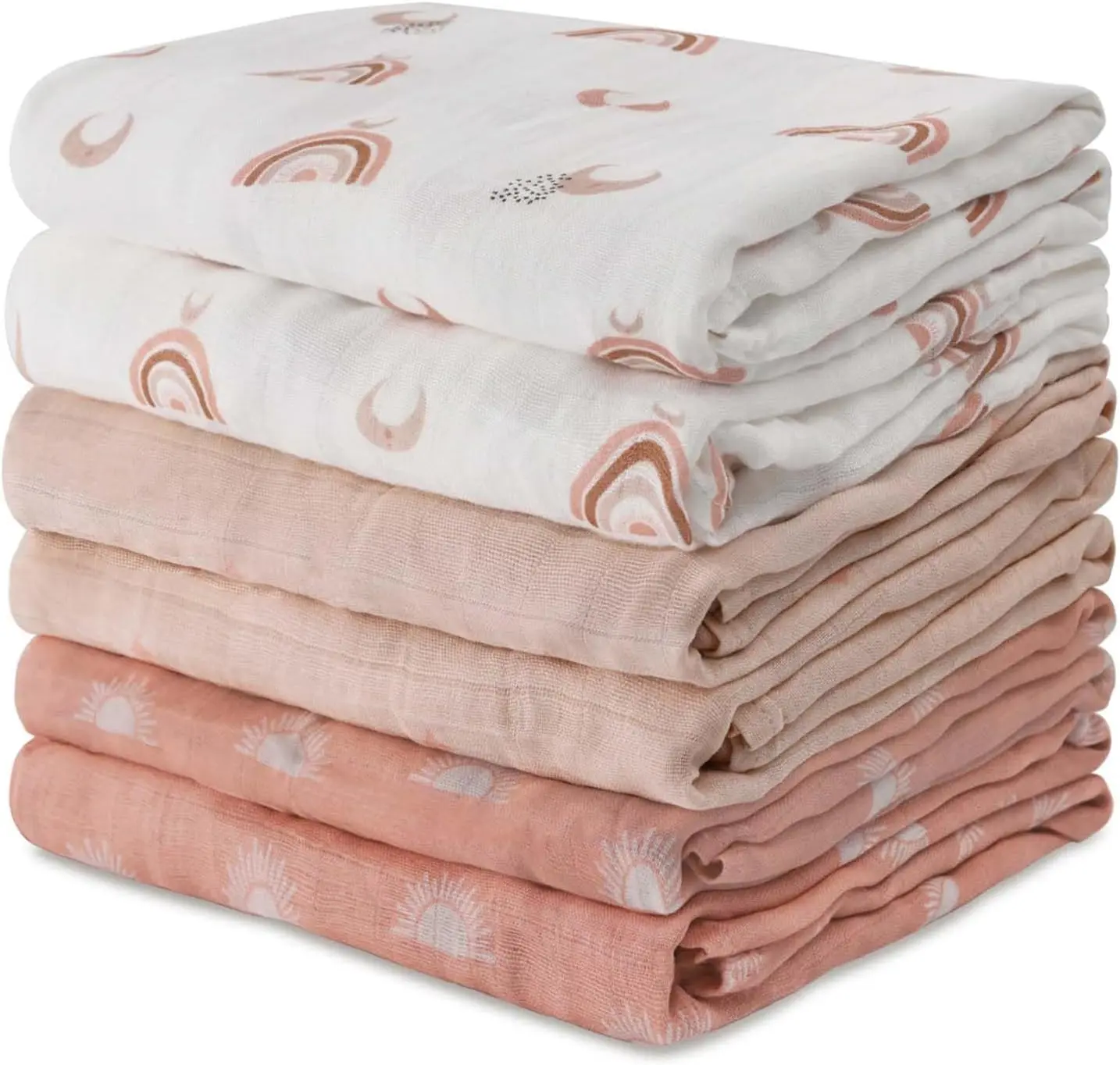 Cotton Muslin Baby Receiving Blankets - 6 Pack (Sun), Breathable Soft Thin Double Absorbent Swaddle Wraps for Newborns (Boys & Girls)