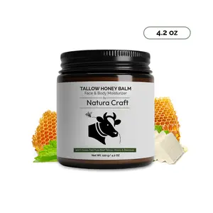 Organic Grass-Fed Beef Tallow Honey Balm by Natura Craft All Natural Moisturizer for Face & Body with Organic Raw Honey, Beeswax for Soft Smooth Soothing &  Skin 4.2 oz Unscented Eco-Friendly Packaging Nourishing Moisturizing Cream Hydrating