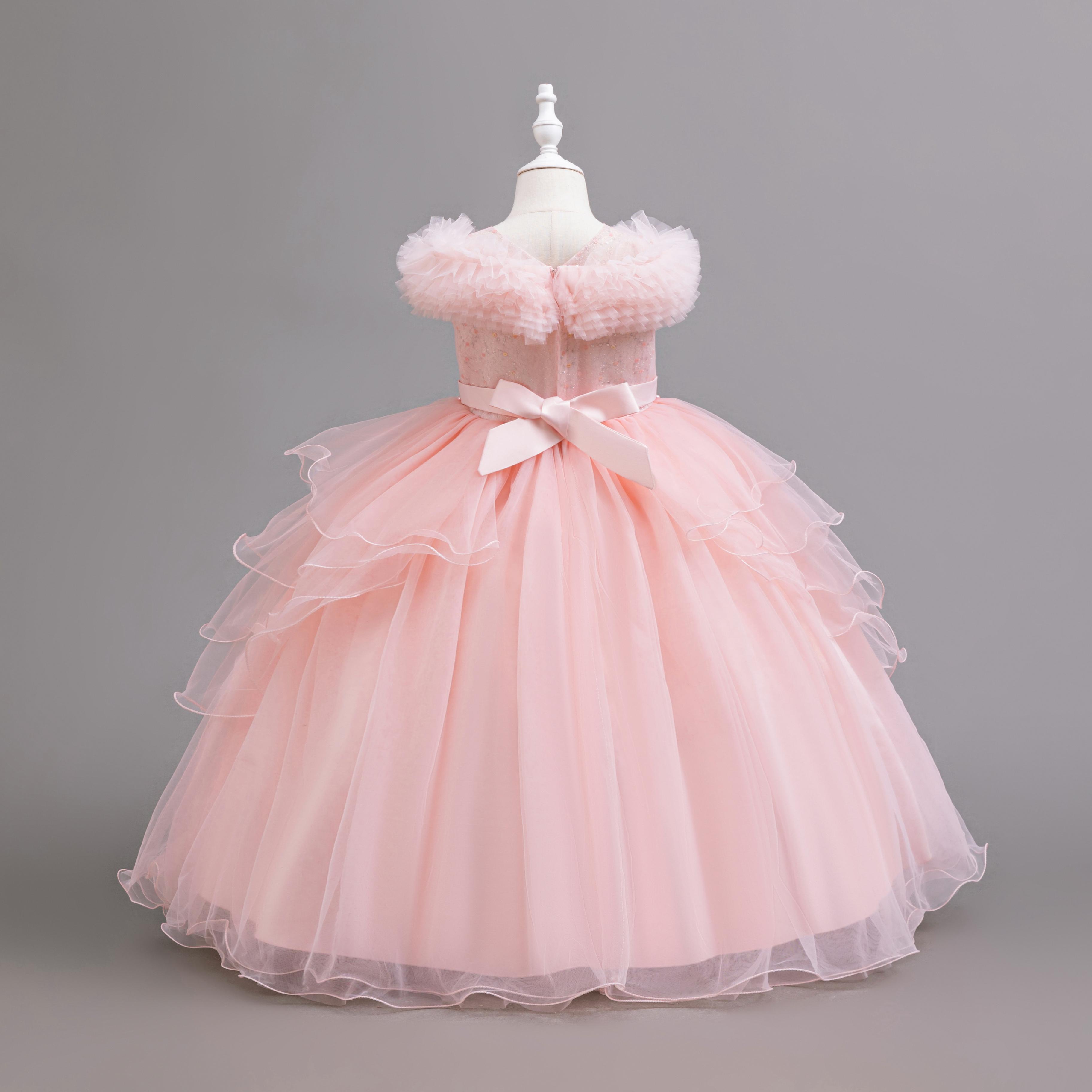 Girls' Elegant Princess Dress with Layered Tulle Skirt & Ruffled Collar – Puffy Flower Girl Gown for Christmas, Wedding & Birthday Parties gown Formal