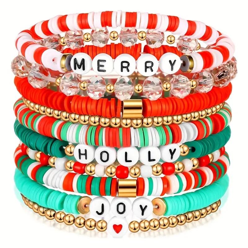 MANY [Christmas Holiday Bracelet Set] 10-Pack Festive Polymer Clay Heishi Stretch Bracelets with Joyful Messages Plastic Bead Jewelry Gift for Women Seasonal Party Accessories