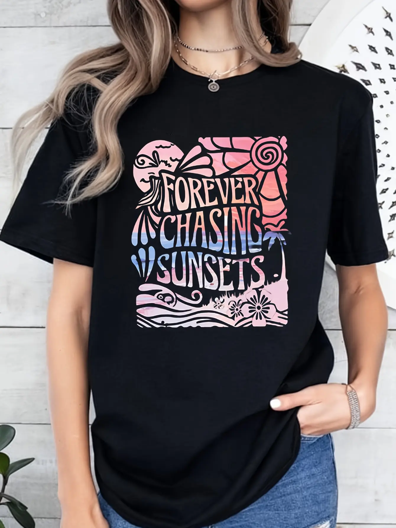 Women's Casual Short Sleeve Cotton T-Shirt - Black Loose Round Neck Top with "FOREVER CHASING SUNSETS" Tropical Letters, Breathable Elastic Washable, Ideal for Beach Daily Wear (Beach Themed Slogan Women's Tshirts), Beach Themed Slogan Women's T-Shirts, S