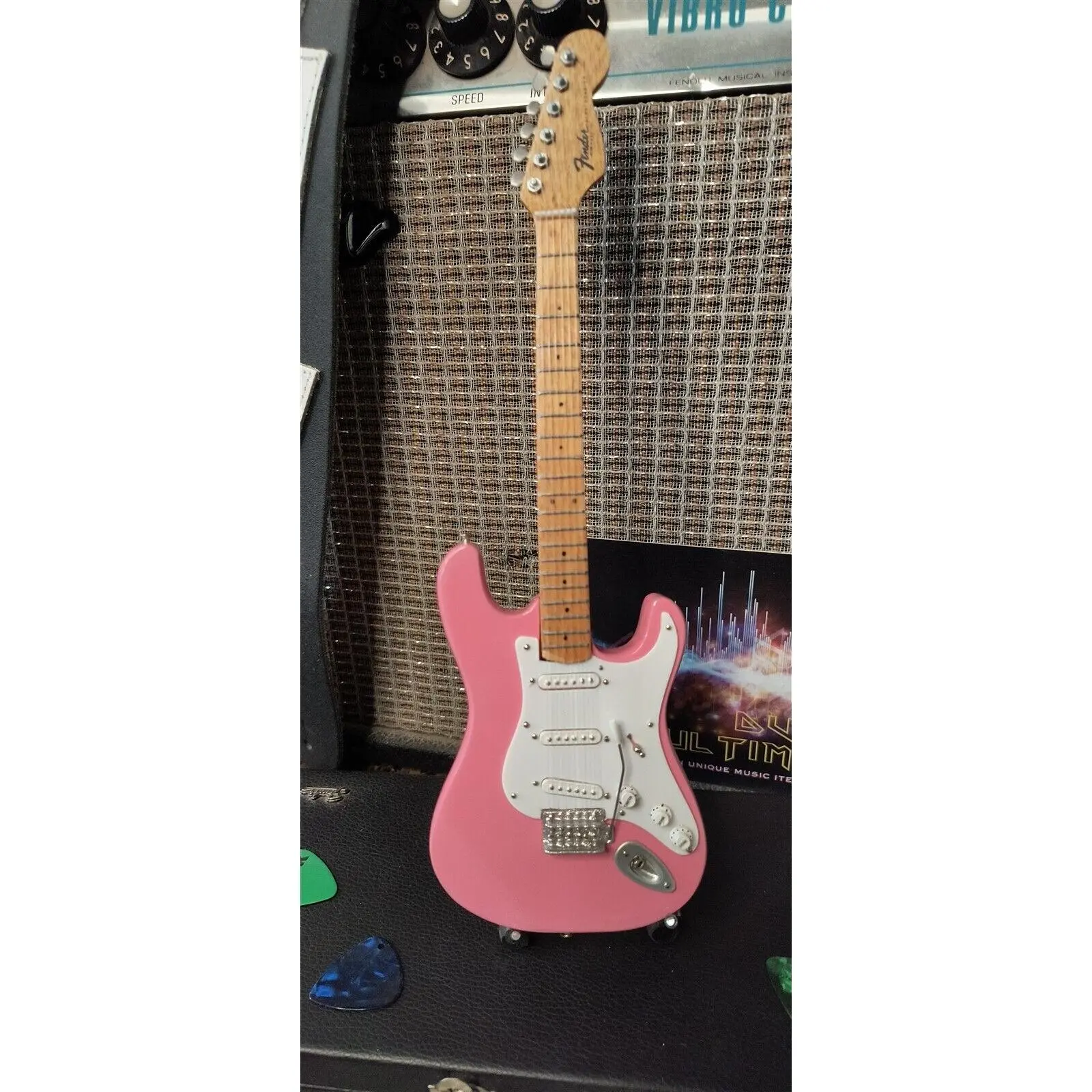 Fender Pink Stratocaster Miniature Guitar - 1:4 Scale Replica, White Pickguard, Collectible Display Piece