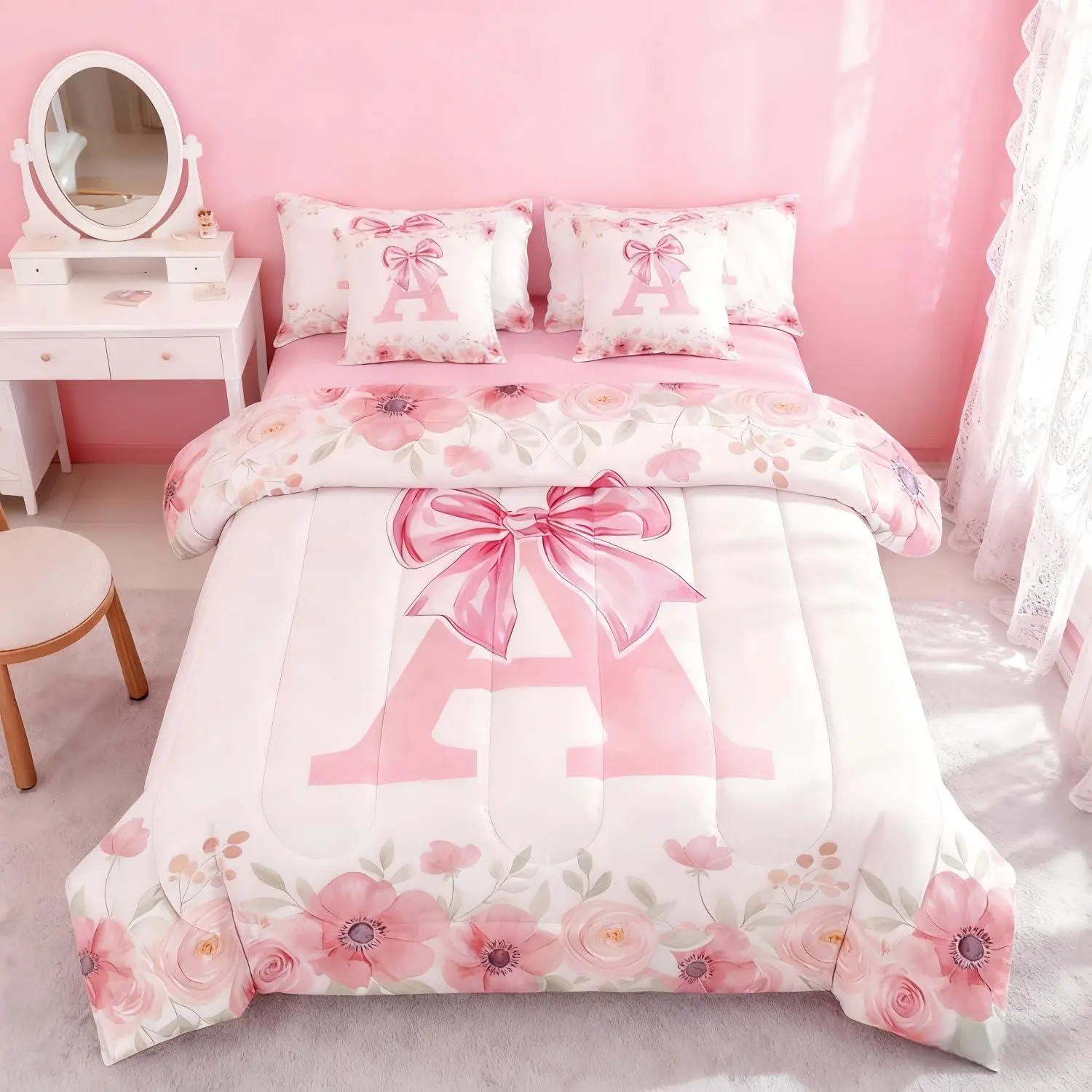 Feelyou Initial Letter Pink Bowknot Quilt Bedding Set - Soft Breathable Microfiber Queen-Size Comforter, Sheets, Letter Print Blanket, Floral Blanket, Kid Bedding for Girly Bedroom Decor, Floral Bedding Sets, Flower Printed Bedding