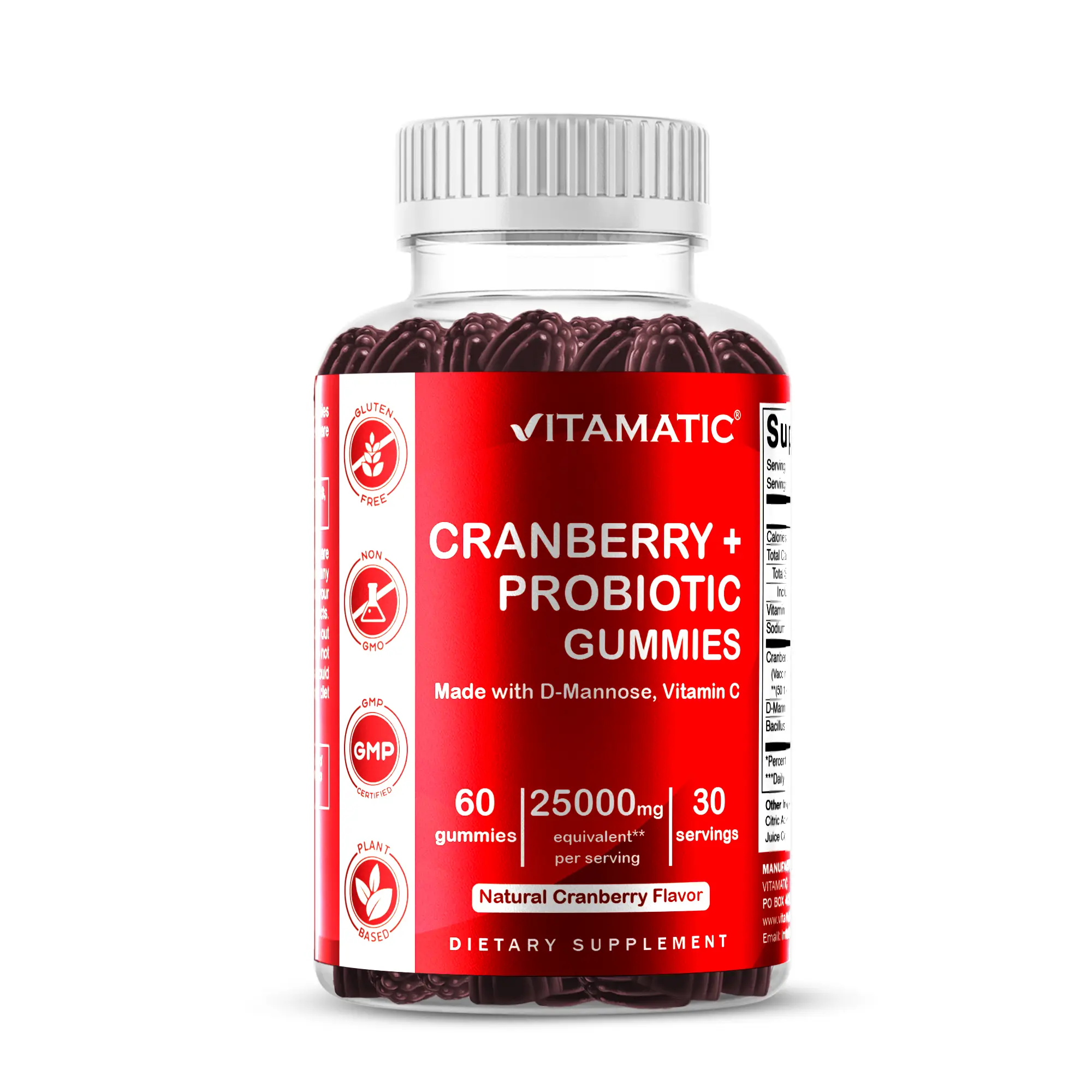 Vitamatic Natural Chewable D-Mannose UTI Gummy Vitamins - Cranberry, Probiotics, Vitamin C, D-Mannose Boost, Gluten Free, Vegan & GF, Supports UTI, Bladder Function for Adults, 60 Non-GMO Dietary Supplements