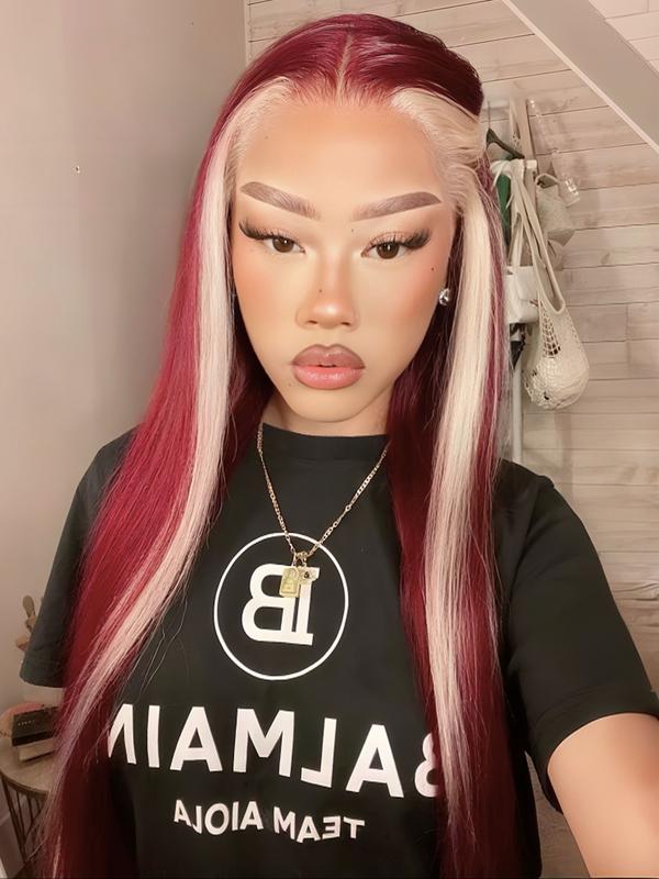 Burgundy With Blonde Highlights Lace Front Wig, Wine Red 13x4 Lace Front Wig,Heat-resistant Synthetic Fiber Wigs,Cosplay Halloween Party Use (28 Inch)