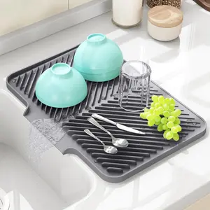 Dish Drying Mat Kitchen Counter Silicone Pad with Built-in Drain 14.8 x 10.7 Food Grade Non-Slip Heat Resistant Hangable Easy Clean for Sink Refrigerator and Drawer Liner