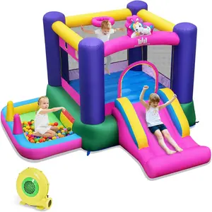 Costway Inflatable Bounce House with Ball Pit, Bouncy House for Kids Indoor Outdoor w/Basketball Hoop, 480w Blower, Mini Bounce House with Slide for Boys Girls Backyard Birthday Party Gifts