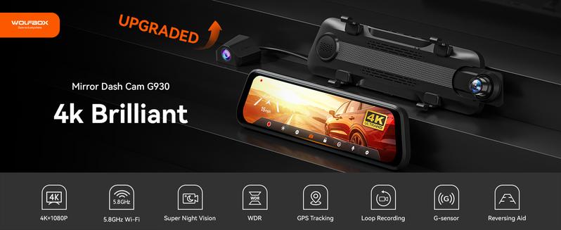 WOLFBOX G930 10'' Rear View Mirror Camera with 5.8GHz WiFi 4K UHD Dash Cam Front & Rear with WDR Touch Screen Backup Camera Parking Monitor Reverse Assist Includes 64GB Card GPS Automotive Dashcam TikTokShopHolidayHaul
