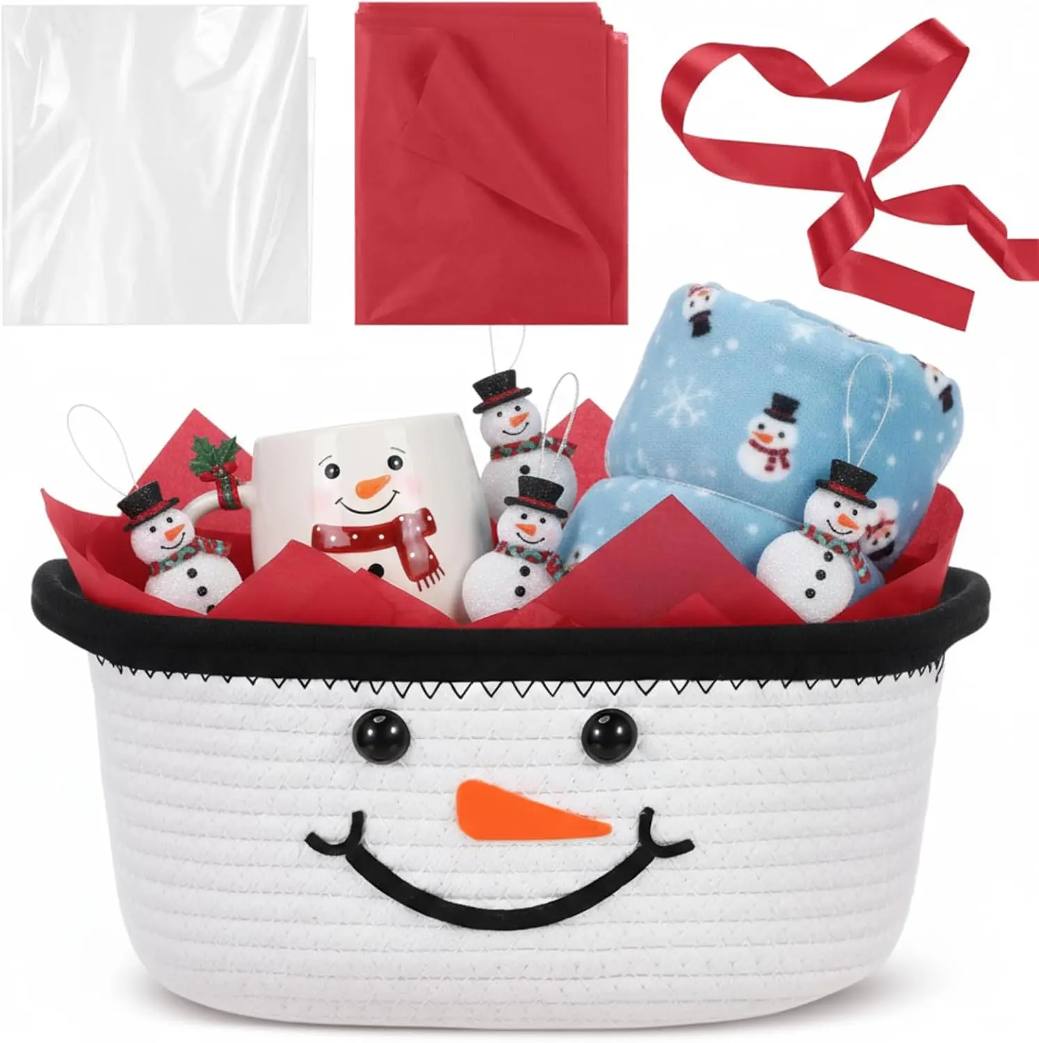 1 Pcs Christmas Woven Basket Set Cute Woven Basket for Christmas Gifts Party Gift Basket with Handles Gift Bag Ribbon Red Tissue Pape Multipurpose Basket Snowman Woven Storage Bin Durable Basket for Xmas Gifts, 12 x 8 x 5 inch