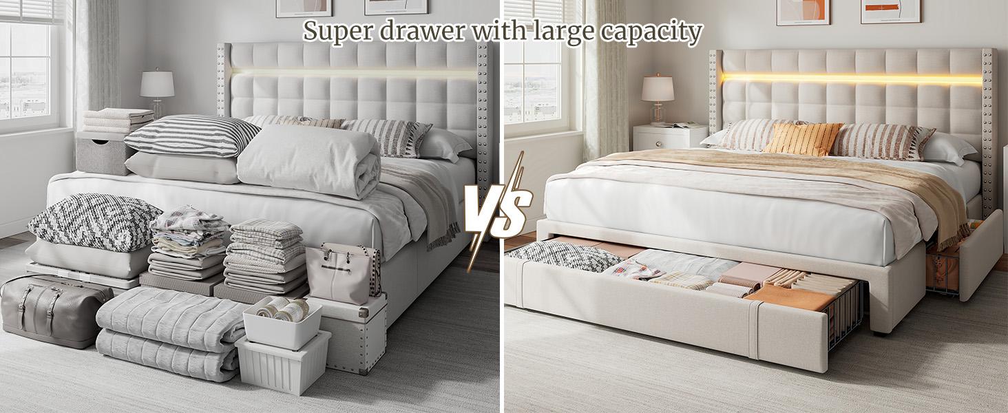 Raybee Furniture 3 Drawers Bed frame for Queen, No Mattress, LED Bed Frame with Adjustable Headboard and Storage, NO Noise,No Spring Needed, Hold 880LBS, Beige, Gray