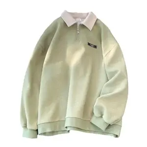 Men's Spring/Autumn Polo Shirt, Japanese Retro Color-Blocked Collar Sweater, Heavyweight School Style Casual Loose Outerwear Menswear Top Khaki Long Sleeve