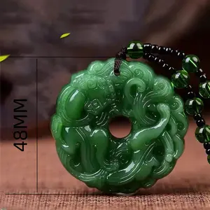 Feng Shui Pi Xiu Necklace Valentine's Gift, Green Good Luck Pendant for Men & Women, Carved Amulet Chunky Natural Green Jade Jewelry