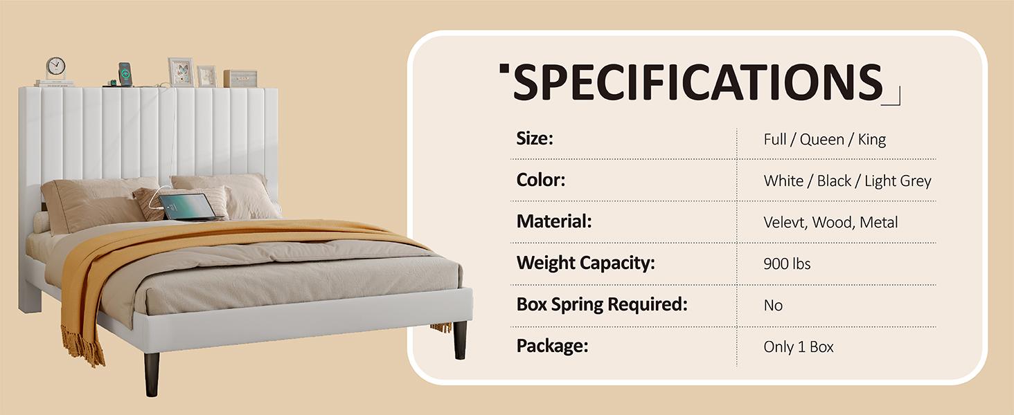 AMERLIFE Bed Frame Velvet Upholstered Tufted Headboard with Charging Station, Mattress Foundation, Box Spring Optional