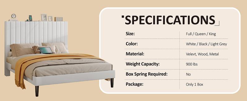 AMERLIFE Bed Frame Velvet Upholstered Tufted Headboard with Charging Station, Mattress Foundation, Box Spring Optional