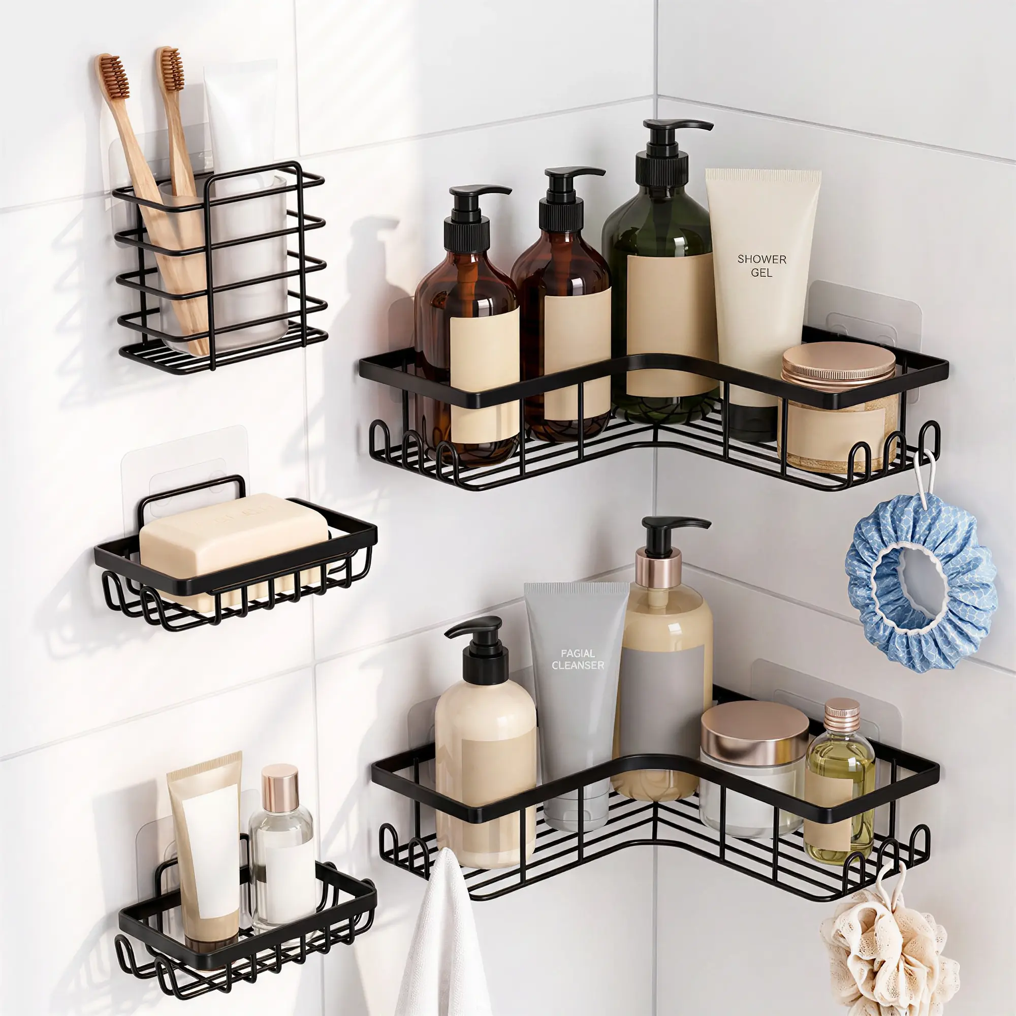 5 PCS Modern Compact Carbon Steel Corner Shower Caddy - Drill-Free Shower Organizer with Stick-On Hooks, Soap Holder, Toothbrush Holder for Bathroom, Quick Assembly, Black, Stick-On Hook