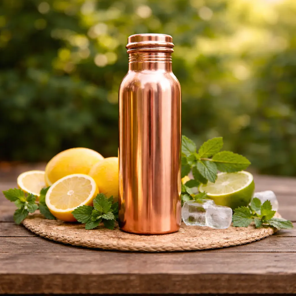 99.9% Pure Copper Drinking Bottle - 34oz Eco-Friendly Traditional Handmade Kitchenware Drinkware, Lightweight Elegant Smooth Copper Design, Portable Washable Ayurvedic Reusable Lid-Included Bottle for Unisex Adults’ Healthy Hydration, Home, Office, Gym, G
