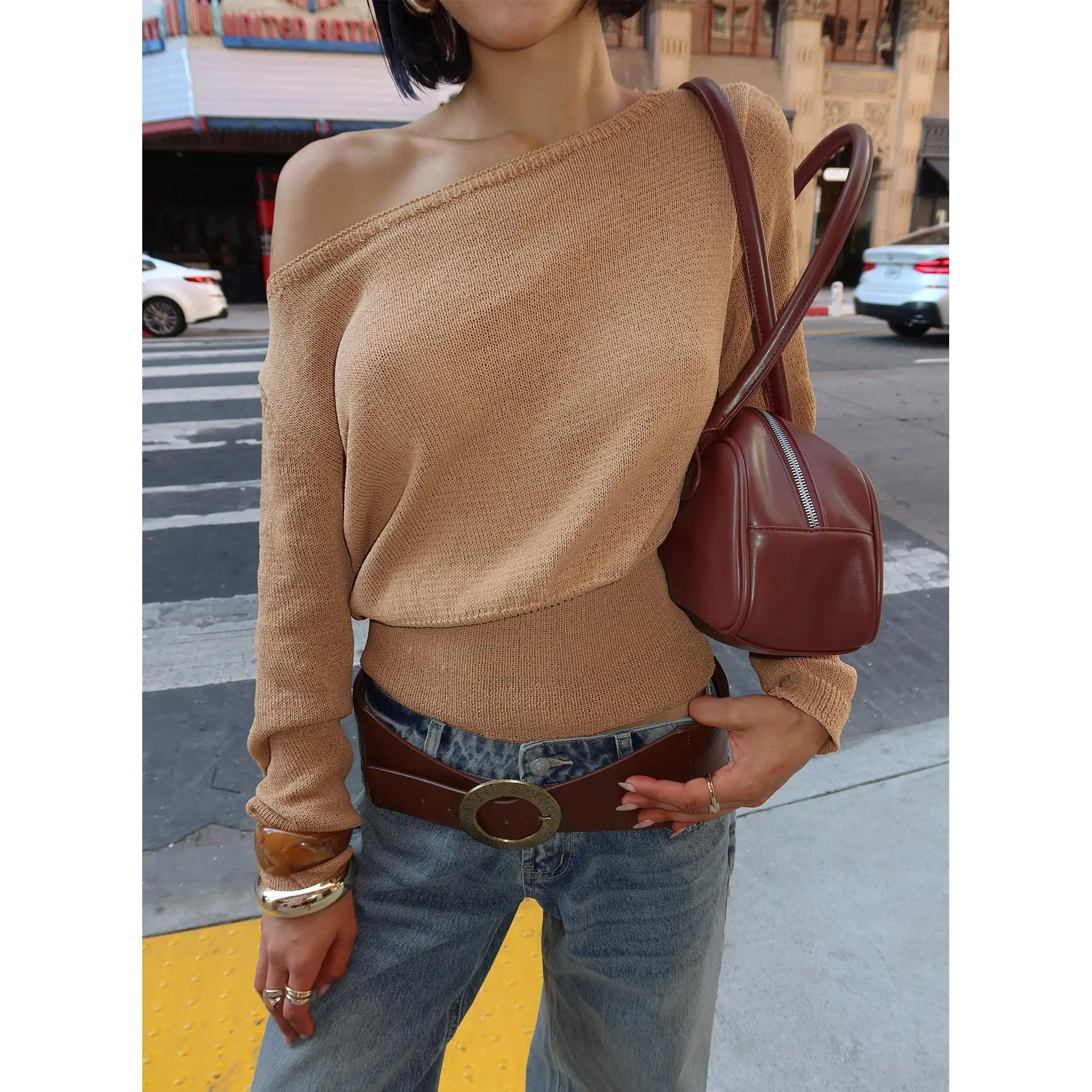Xaria Off Shoulder Knit Sweater Tan