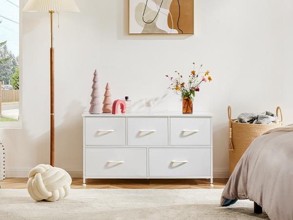 Sweet Furniture S - Organizer Storage 5, Chest of Drawers with Fabric Bins, Long Dresser with Wood Top for Bedroom, Closet, Entryway