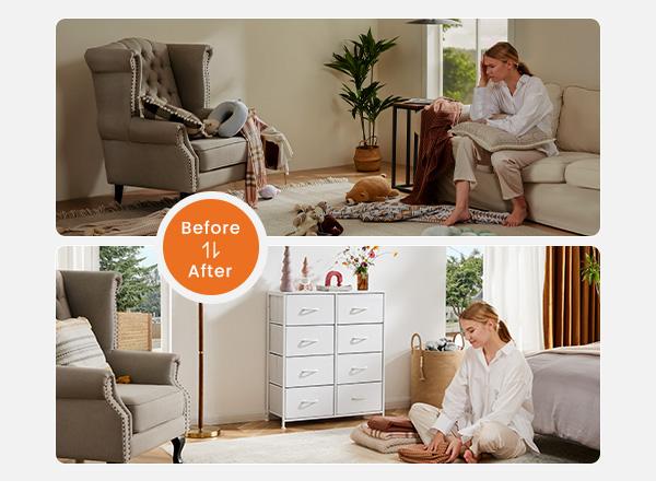 Sweet Furniture S - 8 Drawers Dresser Organizer Storage Drawers Fabric Storage Tower, Chest of Drawers with Fabric Bins, Steel Frame, Wooden Top