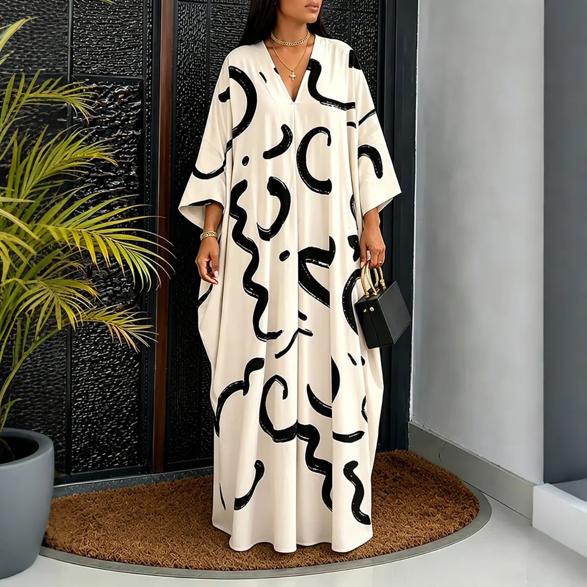 CHICME Women's Abstract Print Caftan Dress Loose V Neck Batwing Sleeve Maxi Dress Hollow Out Long Robe with Pockets