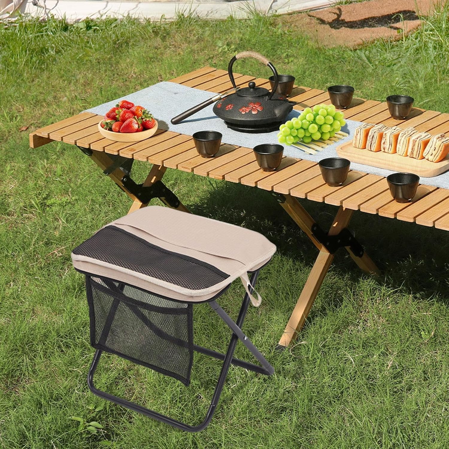 Foldable Backpack Stool, Fishing Seat, Foot Stool Footrest, Multi functional folding stool, Portable Camping Chair for Travel,Picnic, Khaki and Black Sturdy Outdoor Bench