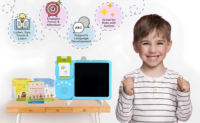 KIDGENIUS 3-in-1 LCD Writing Tablet with Quick Erase Button & 510 Vocabulary Flash Cards for English & Spanish Learning - Ideal Autism Therapy & Holiday Gift