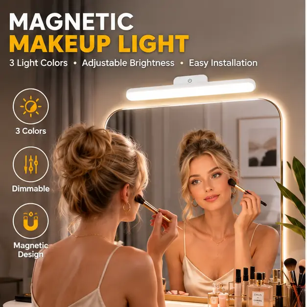 Magnetic Makeup Light, 3 Color Dimmable Vanity Light with Touch Control for Mirror, Bathroom, Bedroom and Makeup Desk