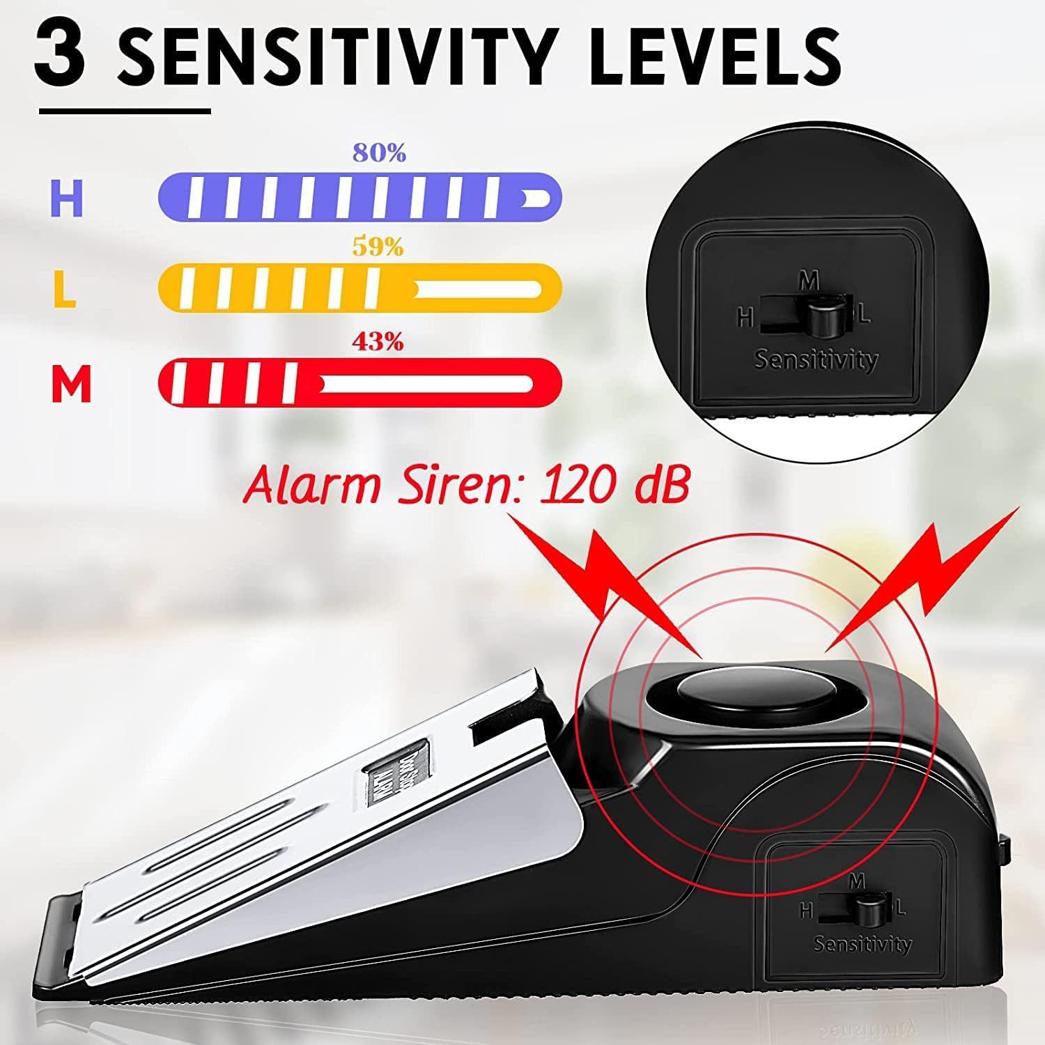 Home Security Door Stopper Alarm - Easy to Install No Tools Needed, 3 Sensitivity Modes, 120DB Loud Anti-Theft Alarm, Stainless Steel Pressure-Resistant, Instant Alarm When Pushed-YY