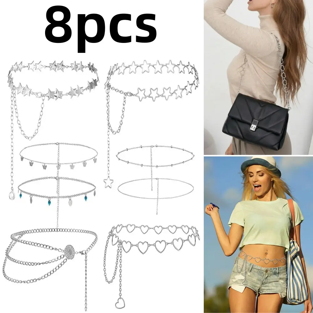 8 piece Adjustable Waist Chain Multilayer Metal Wallet Chain Body Chains Jewelry Accessories Summer Beach Belly Chain for Women Girls
