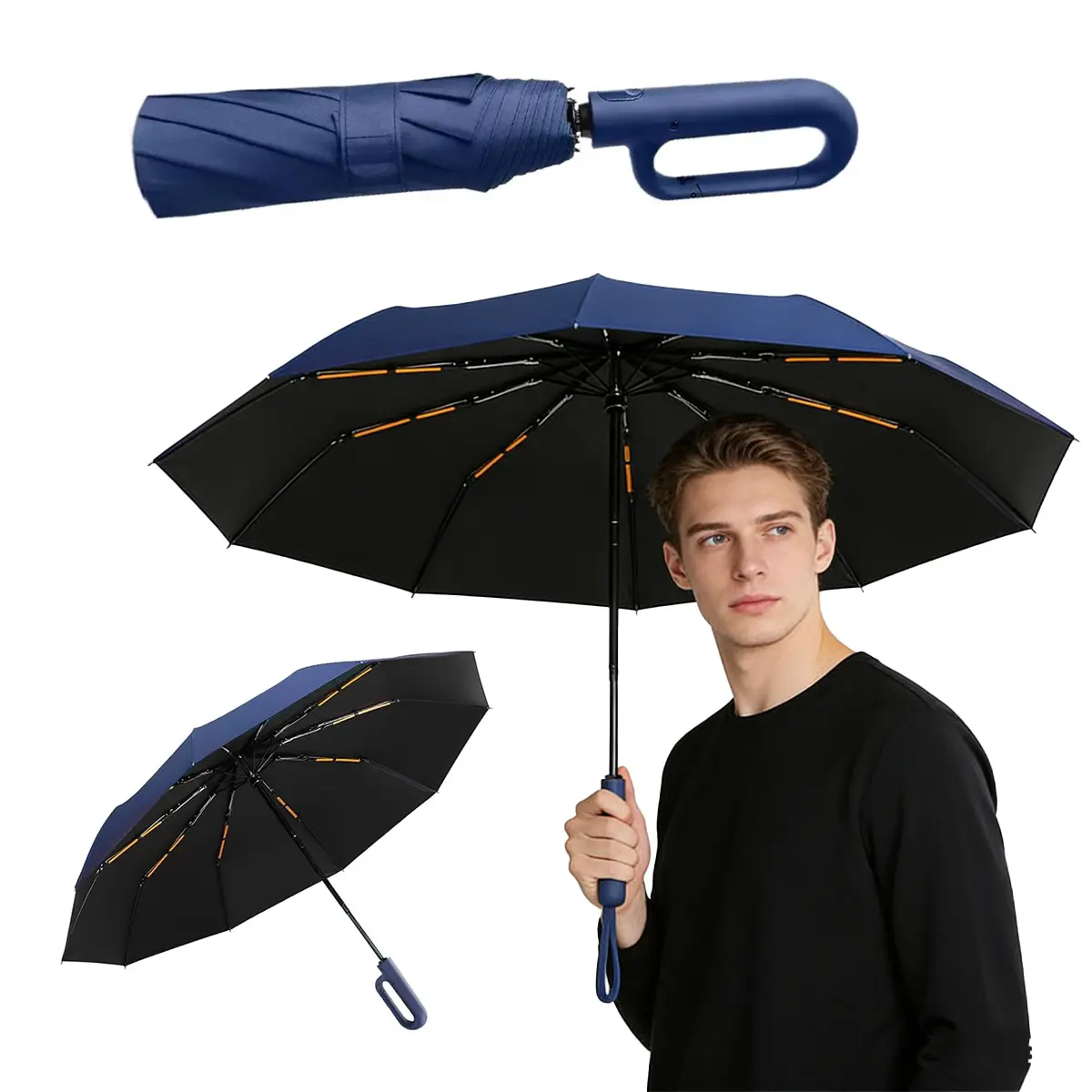 Foldable Rainproof Fully Automatic Umbrella, 45in Lightweight Open-Close Travel Umbrella with Hook, Portable Sun-Proof Black for Home & Travel Use, Foldable Rainproof Umbrella