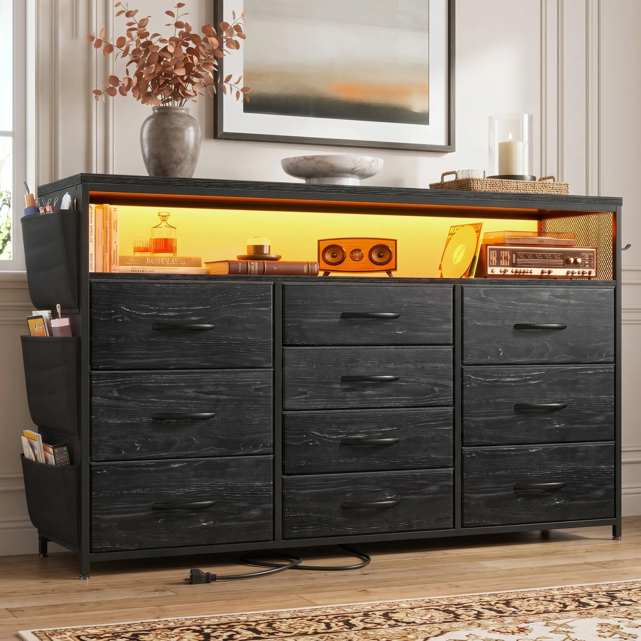 【Small Space Storage】Lightweight 10 Fabric Drawers Dresser for Bedroom with LED Light Strips,55" TV Stand Dresser with Power Outlets, Chest of Drawers with Side Pockets & Hooks For Living Room, Easy Assembly, Easily Take Apart & Put Back, Renter Picks