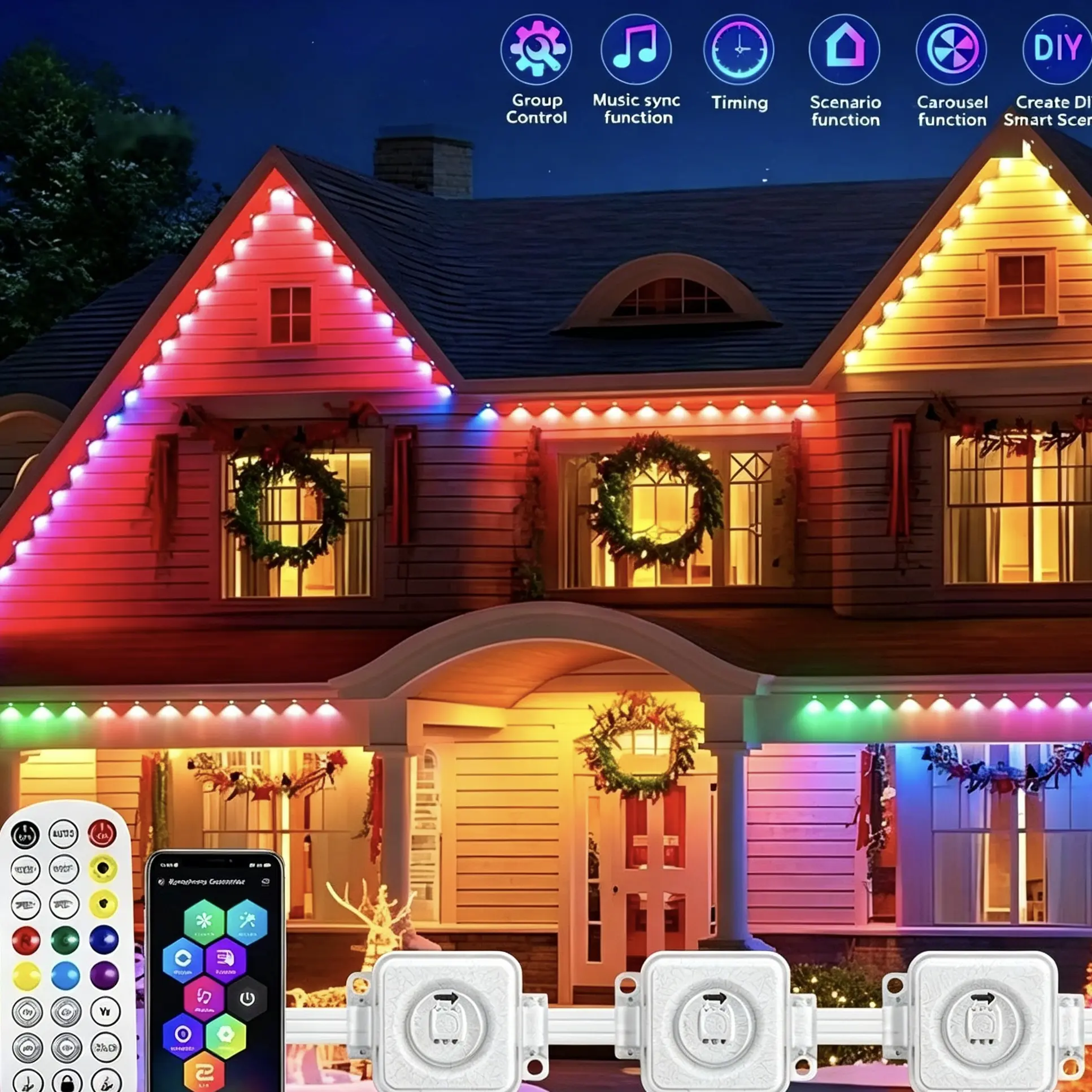 IP67 Waterproof RGB Permanent Outdoor Eave Lights, 100FT 150FT 200FT 300FT Smart LED Roof Decor String Lights Support App + 2.4G RF Infrared Dual Remote Control, Dimmable Multi Color Changing Outdoor Landscape Lights for Christmas Halloween Party