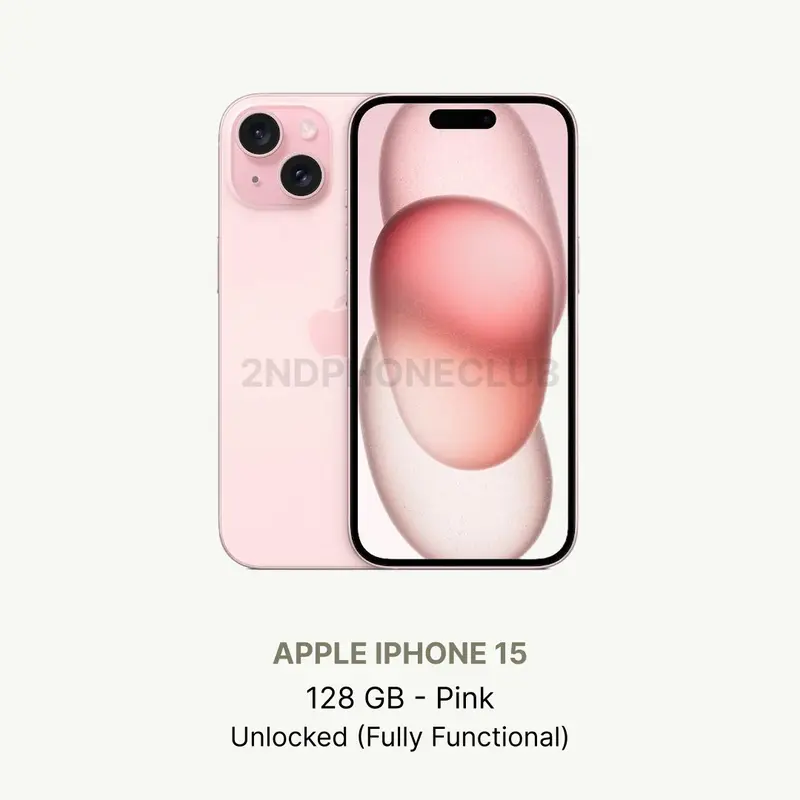 Refurbished Apple iPhone 15 128GB Pink Unlocked Smartphone Excellent Condition Fully Functional with Charging Cable & White Box