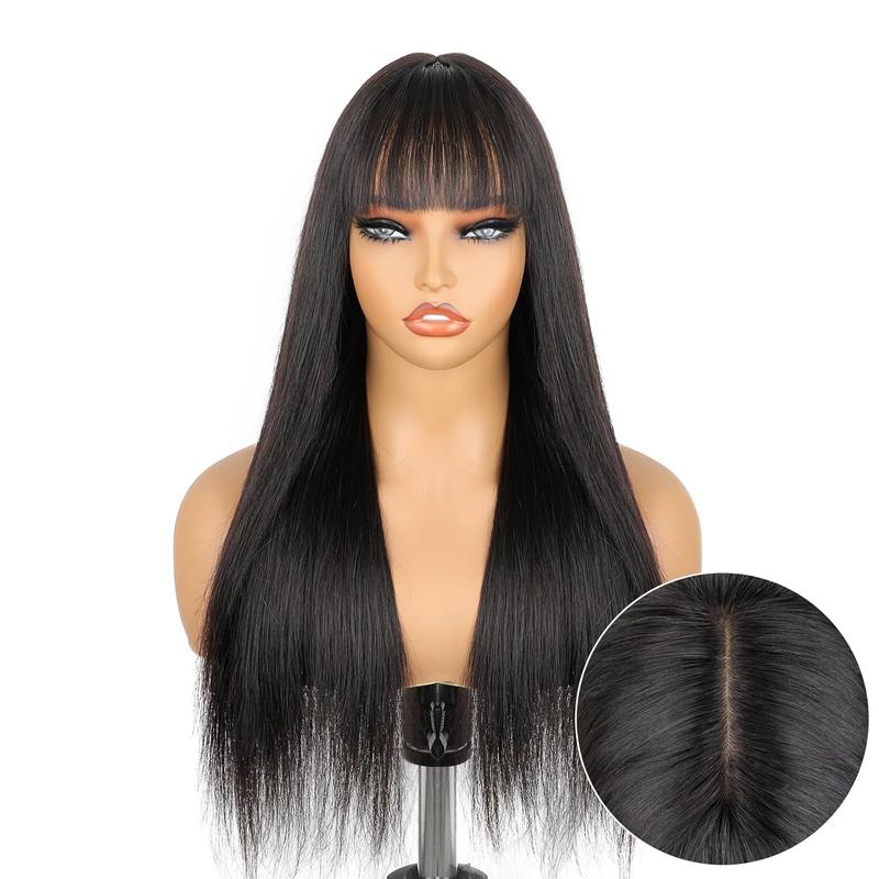 [New In]Mamushow Straight Wigs with Bangs Human Hair 2x4 Lace Wig with Drawstring 180% Density Middle Part for Black Women Glueless Machine Made Wigs