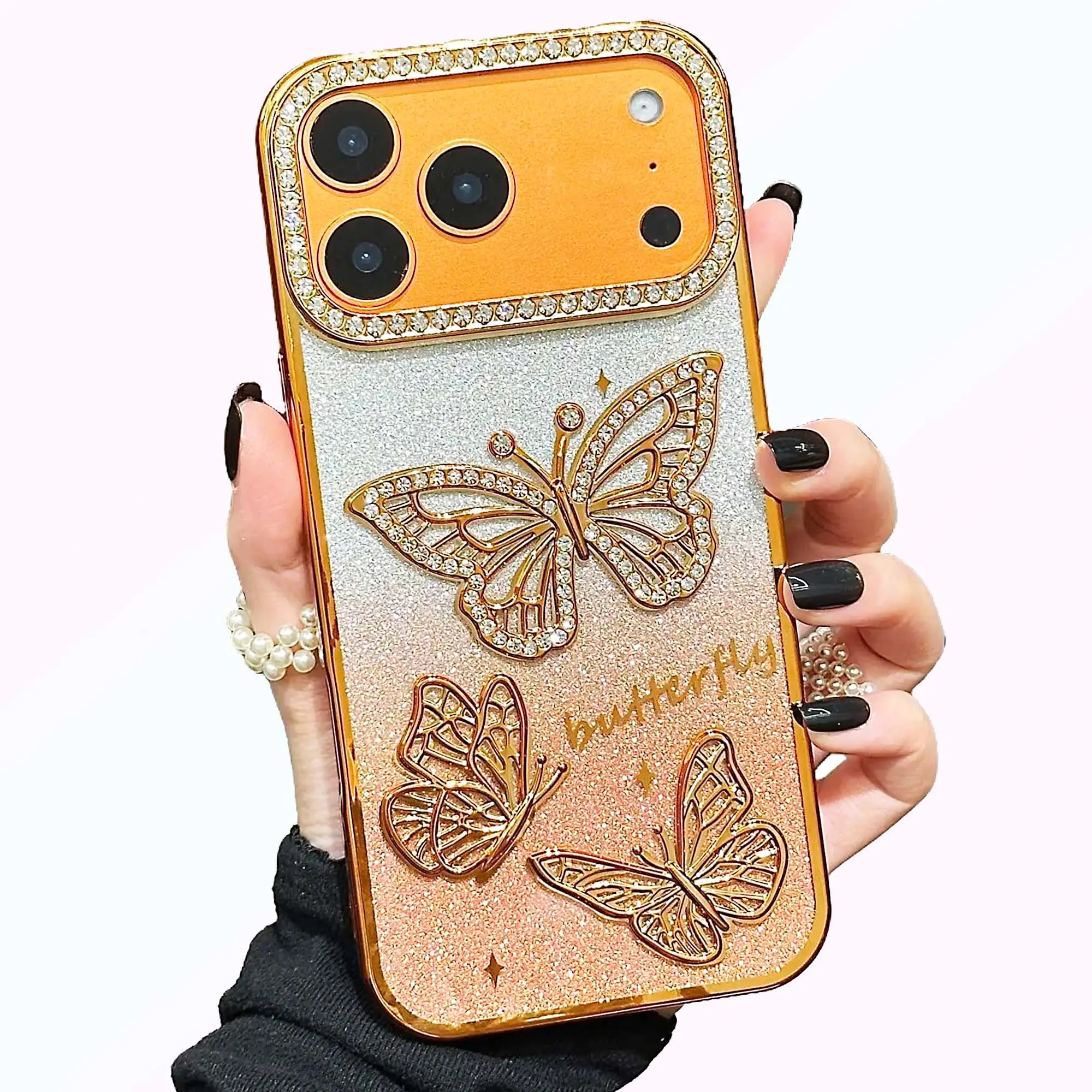 Sparkling Butterfly Diamond Smartphone Case - TPU Soft Shockproof Cover for iPhone 17,16,15,14,13,12,11 Plus Pro Max, Compatible with Handheld Cellphone Devices, Butterflies, Casing