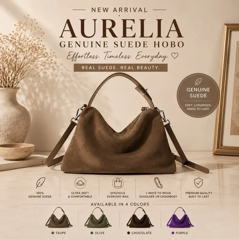 Genuine Suede Hobo Bag for Women, Elegant Convertible Shoulder to Crossbody Purse with Ample Space for Daily Use and Events, Everyday Purse, Casual/Semi, Daily/Events, Silhouette, Key Features