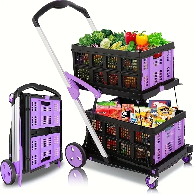 SCITOO Multi use Functional Collapsible Carts,Mobile Folding Trolley,with Wheels & Removable Basket Carries,2 baskets included,Adjustable Foldable rolling trolley for home,grocery,supermarket.Lightweight,Purple Trolley
