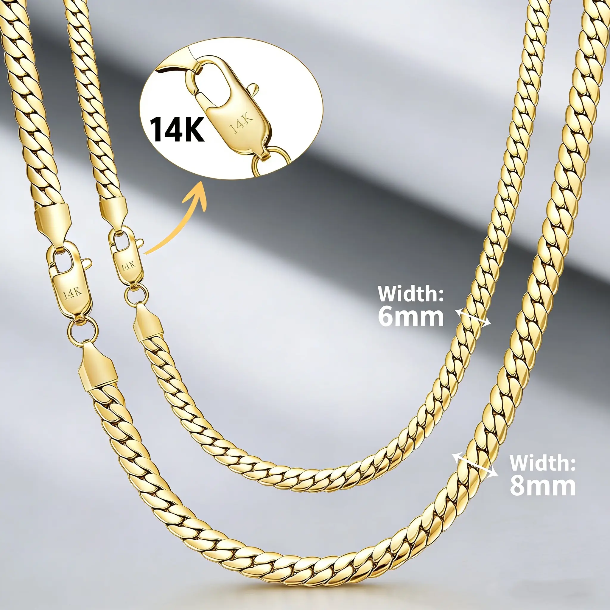 14K Real Gold-Plated Stainless Steel Jewelry Width 6MM/8MM Waterproof Abrasion Resistant Ltalian style Non-fading and Hypoallergenic Necklace Sizes 18/20/24 The Perfect Gift for Him and Her