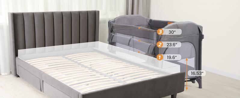 JOYMOR 9 in 1 Bedside Bassinet with Changing Table, Pack and Play with Bassinet, Convert to Rocking Baby Bed with Electric Music Center, Mosquito Net, Toy, Storage