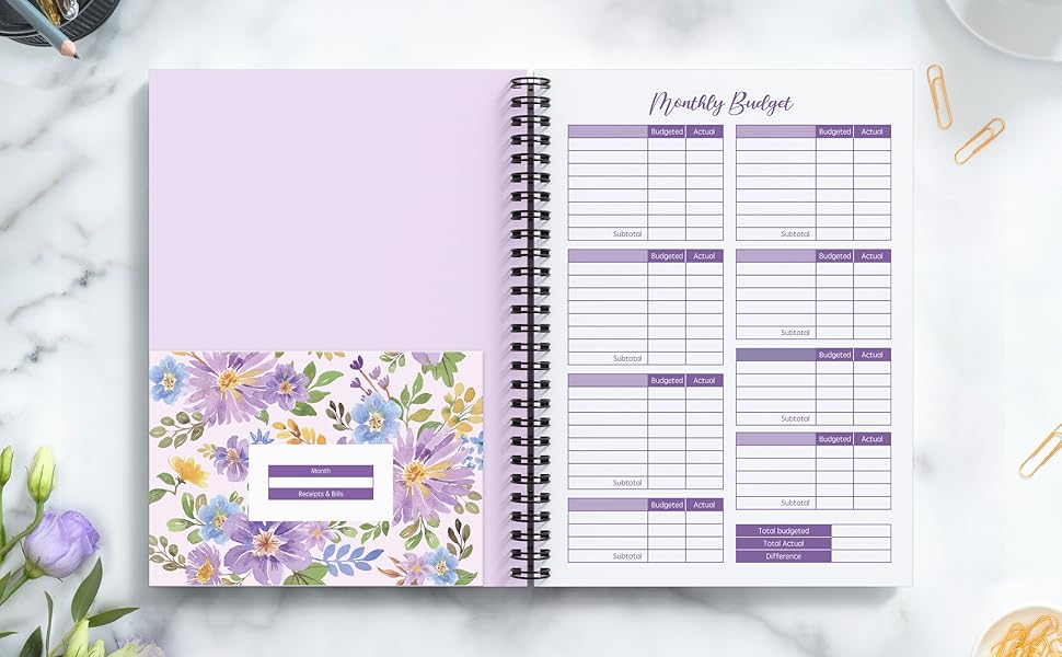 [Undated] Monthly Budget Planner with 12 Bill Pockets for Income, Debt, Saving, Expense and Bill Tracker Organizer, Pink, Floral Design