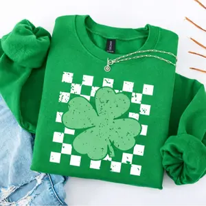 Retro Shamrock Sweatshirt - Checkered Shamrock - Lucky Sweatshirt - Lucky Shamrock - Retro Clover Sweater - Patrick’s Day Gift - Irish Sweatshirt - LORA ATCHER