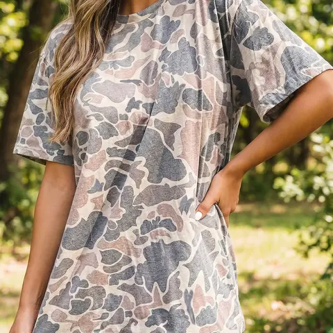 PHEFEE Lady's Lightweight Military Camouflage Print Polyester Knitted T-Shirt - Oversized Retro Streetwear Cargo Vibe Short-Sleeve 4-Way Stretch Pullover with Knot & Drape Details, Round Neck Coordinate Activewear Tunic for Casual Outdoor Use